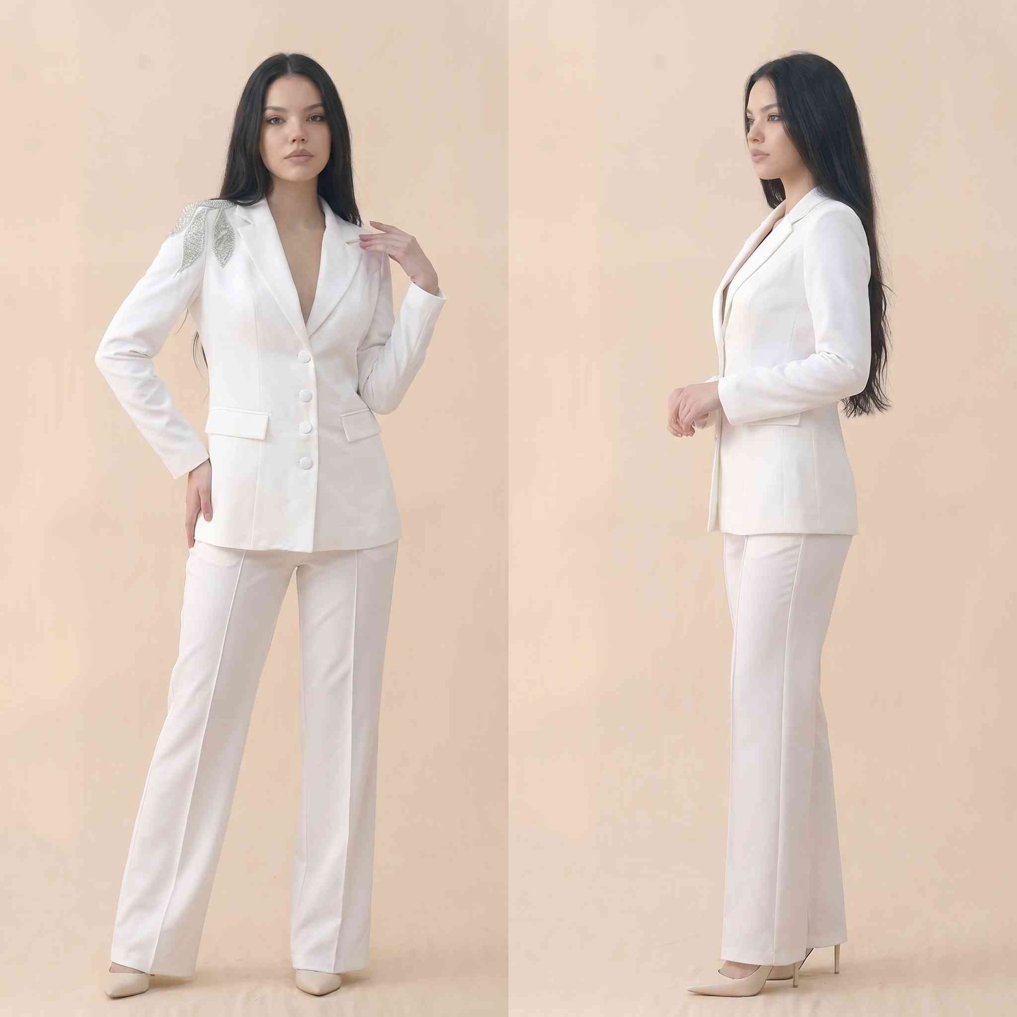 Omuz Kanat Kristal İşlemeli Tailored Beyaz Blazer Ceket ve Pantolon Takımı Selene