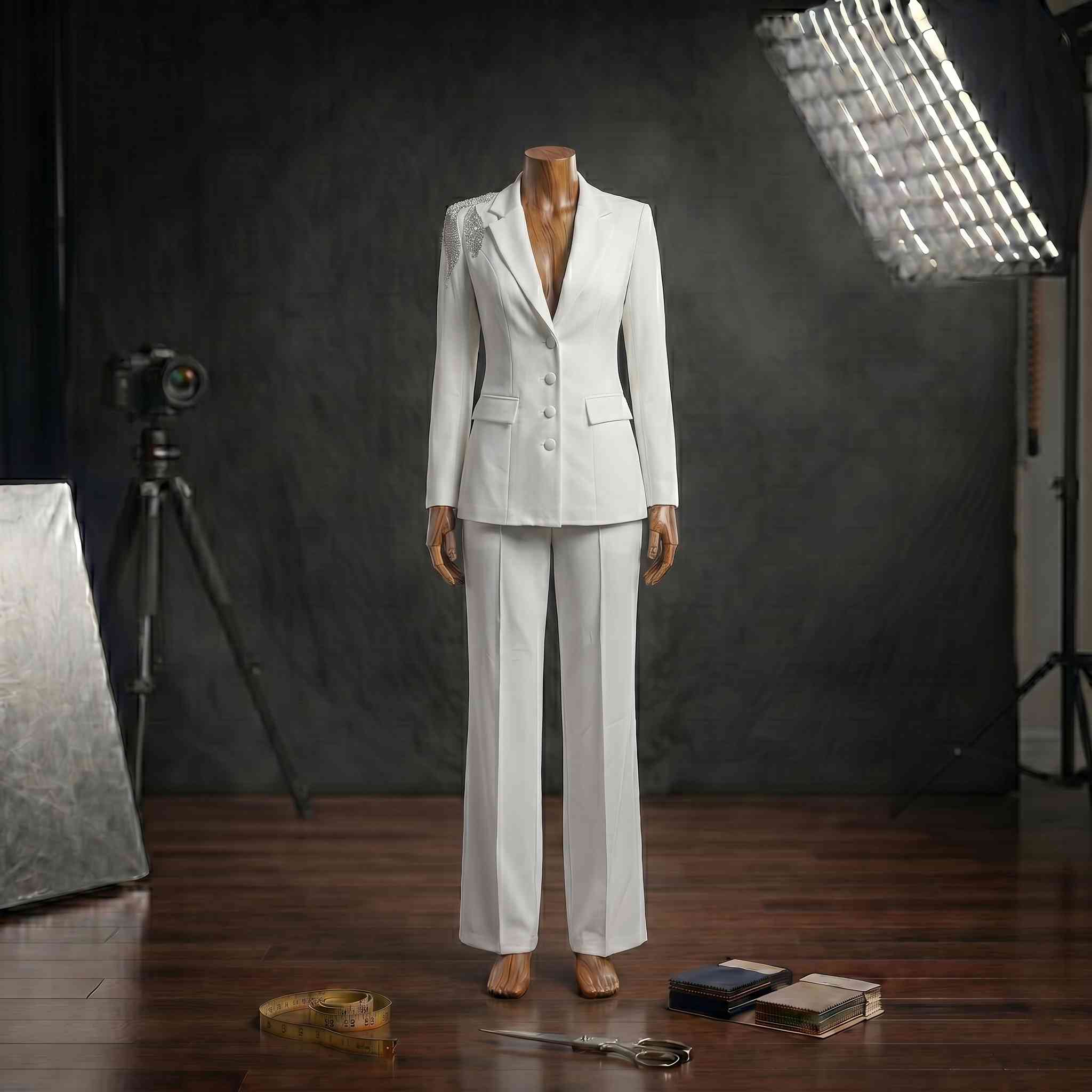 Omuz Kanat Kristal İşlemeli Tailored Beyaz Blazer Ceket ve Pantolon Takımı Selene