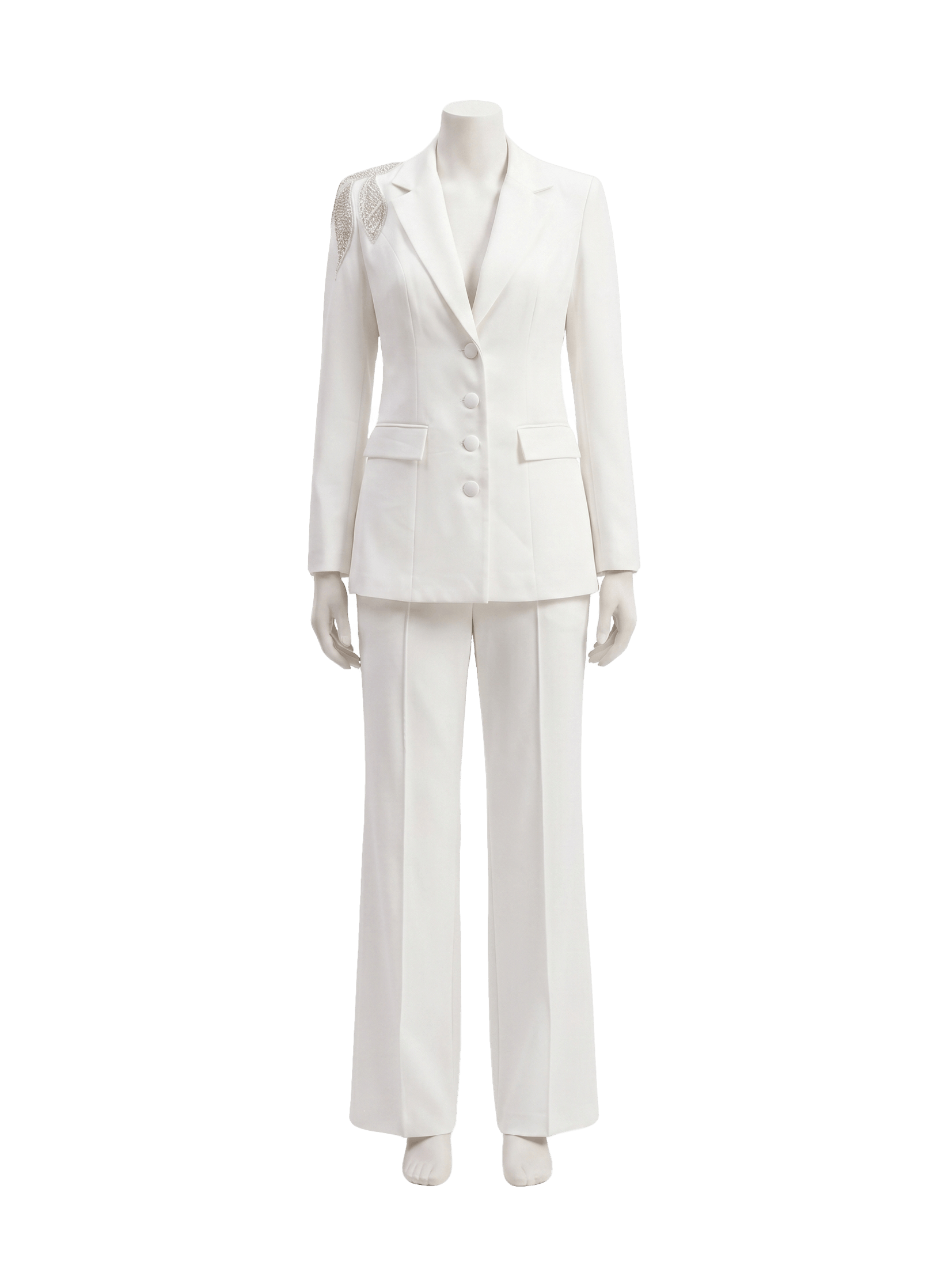 Omuz Kanat Kristal İşlemeli Tailored Beyaz Blazer Ceket ve Pantolon Takımı Selene