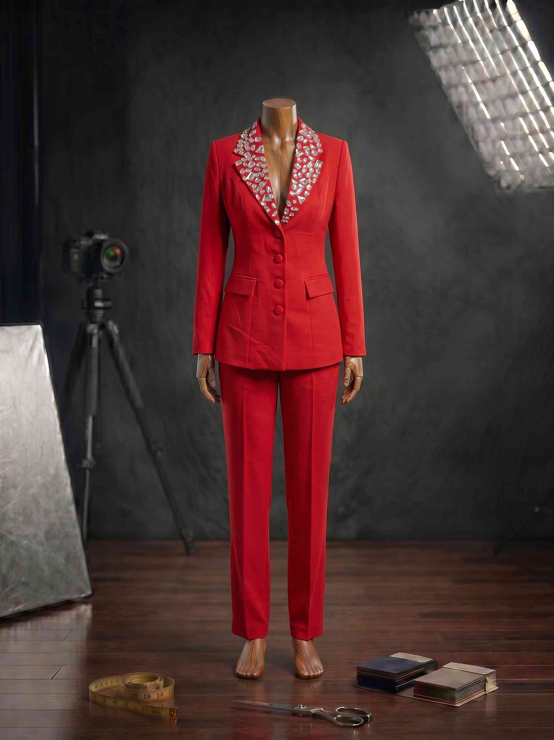 Yaka İri Kristal Taş İşlemeli Tailored Kırmızı Blazer Ceket ve Pantolon Takımı Vermilion
