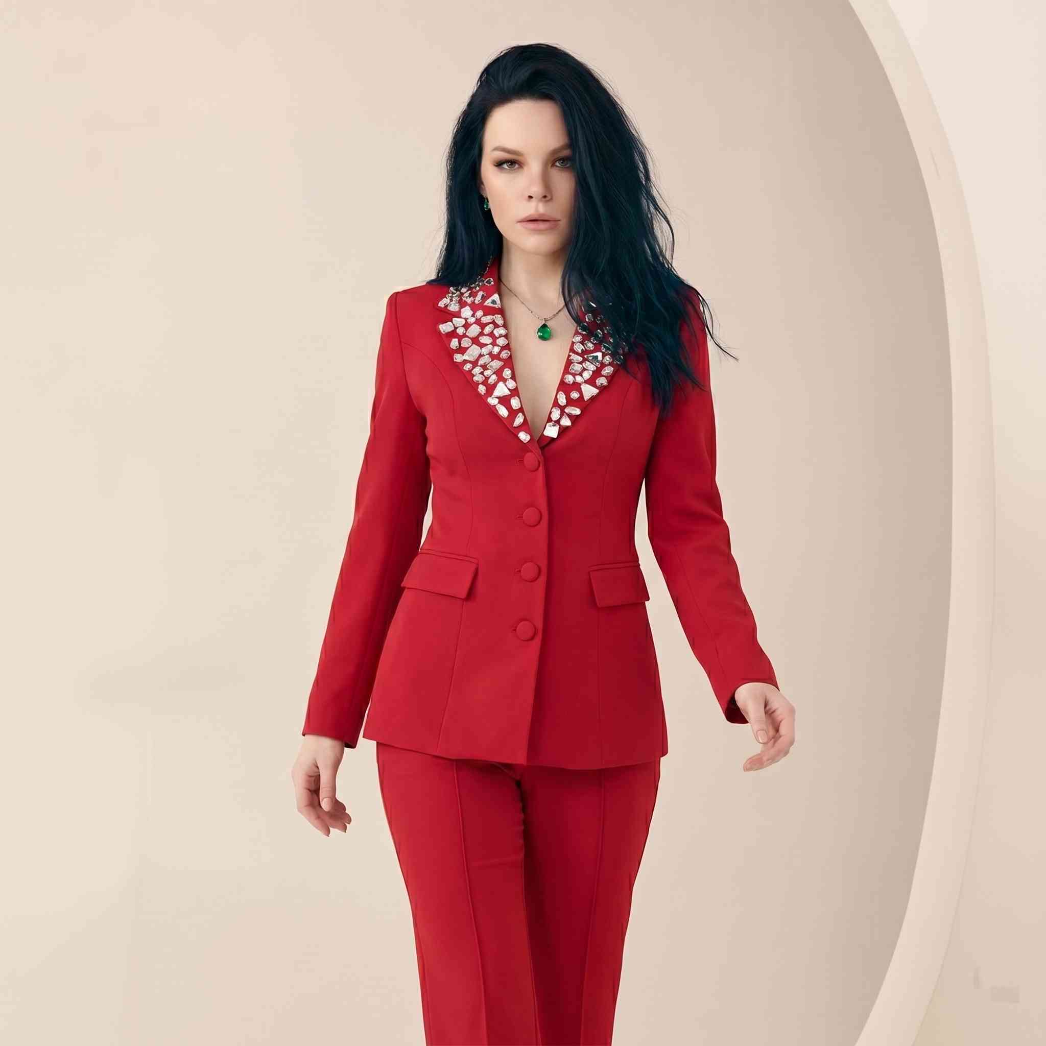 Yaka İri Kristal Taş İşlemeli Tailored Kırmızı Blazer Ceket ve Pantolon Takımı Vermilion