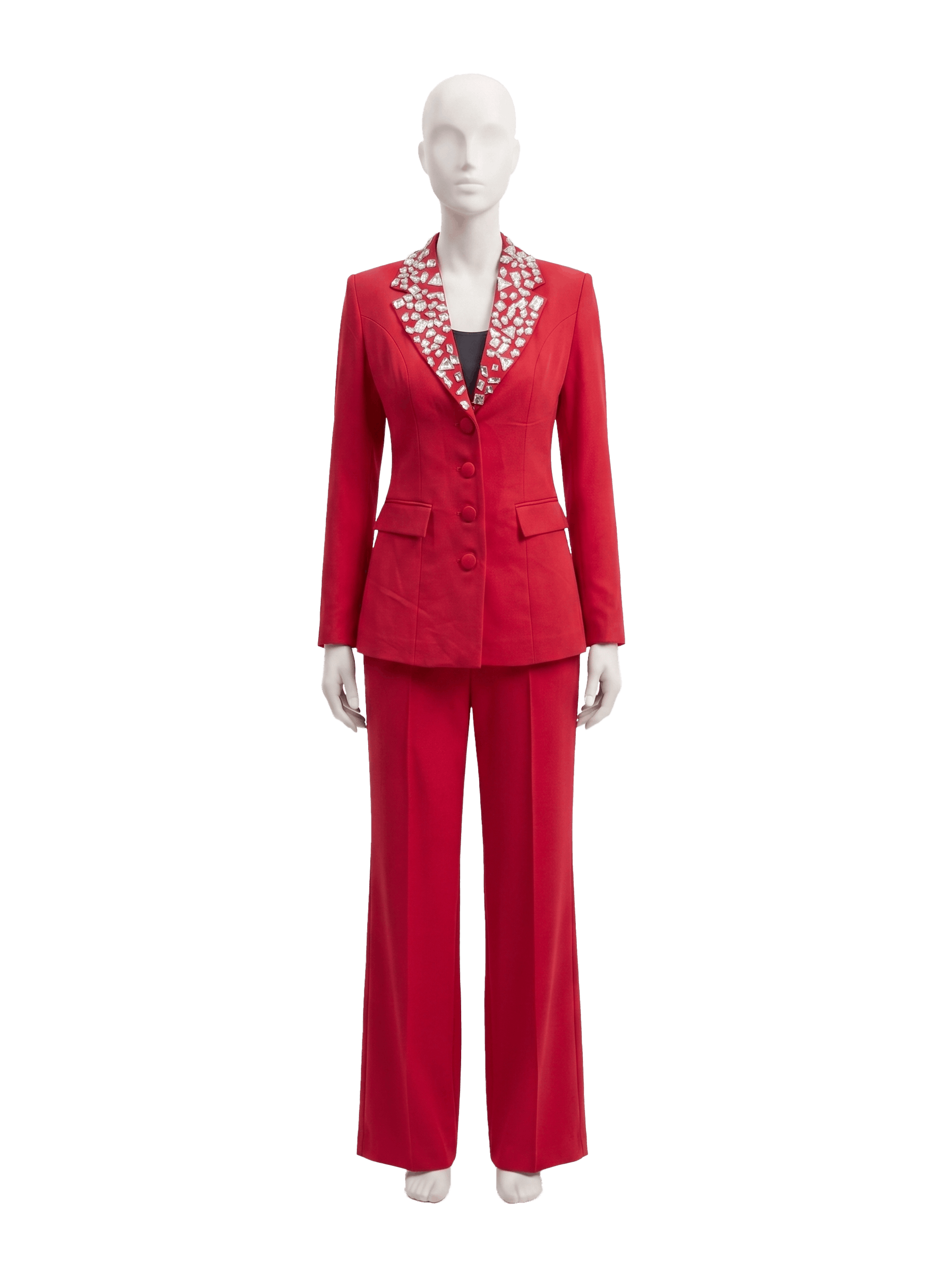 Yaka İri Kristal Taş İşlemeli Tailored Kırmızı Blazer Ceket ve Pantolon Takımı Vermilion