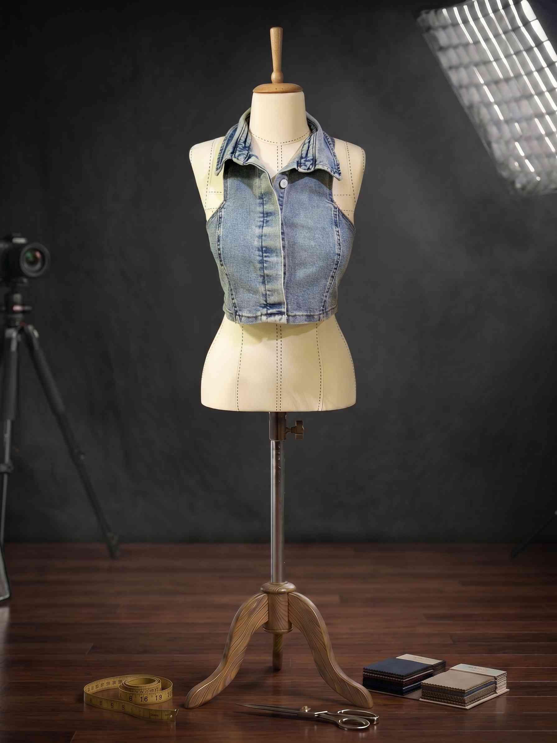 Halter Yaka Vintage Yıkama Denim Yelek Büstiyer Vesta