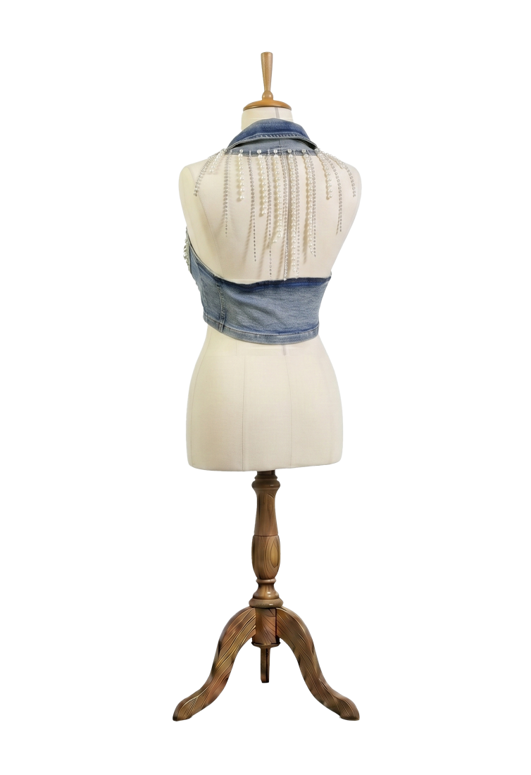 Halter Yaka Vintage Yıkama Denim Yelek Büstiyer Vesta
