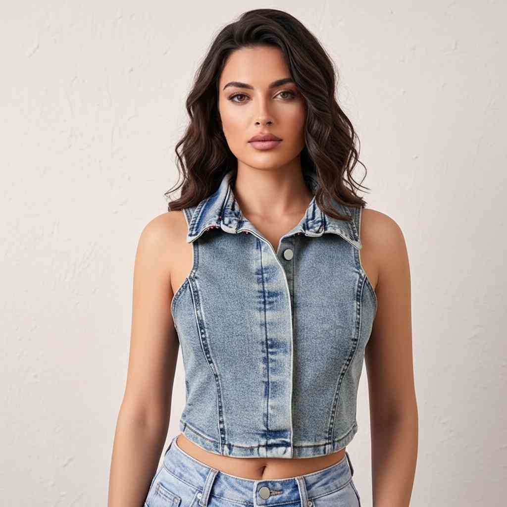 Halter Yaka Vintage Yıkama Denim Yelek Büstiyer Vesta