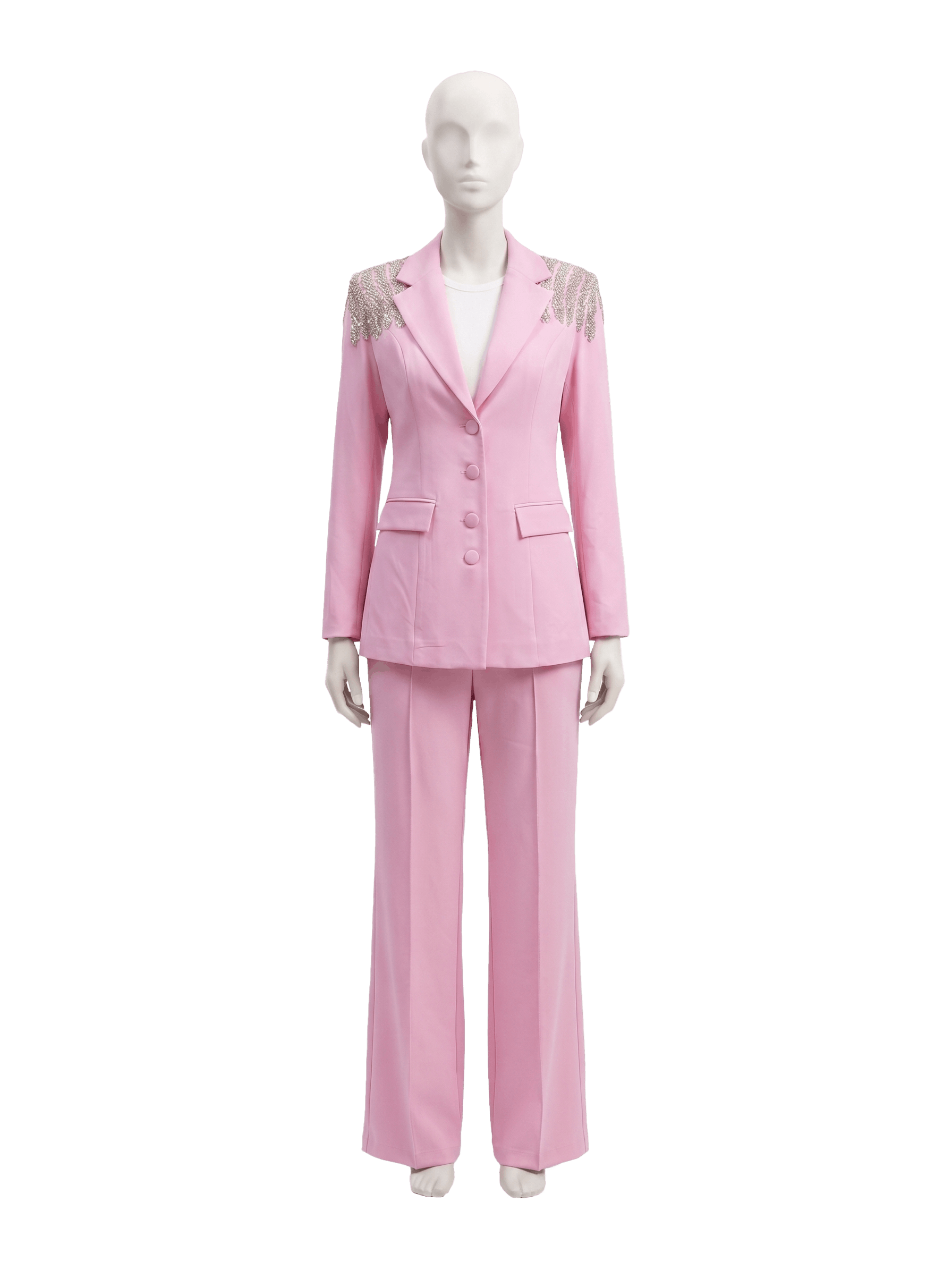 Omuz Kristal Saçak Detaylı Tailored Pembe Blazer Ceket ve Pantolon Takım Elysia