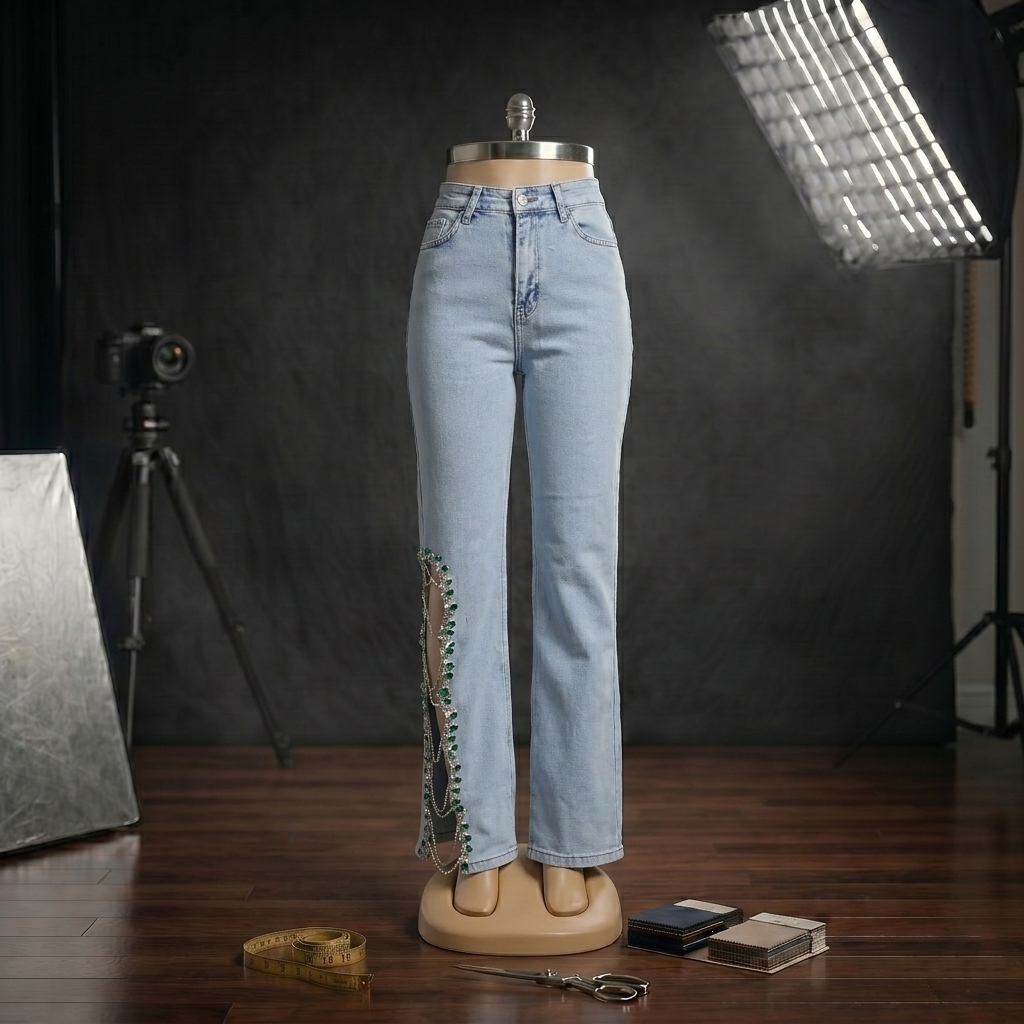 Zümrüt Kristal Zincir Detaylı Yan Dekolteli Jean Pantolon Verdant
